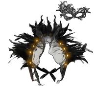 Xerteam Women LED light-up Black Feather Cape Shawl with Masquerade Masks Lace Eye Mask, Gothic Shrug Collar Wings Fancy Dress Costume for Halloween Carnival Christmas Cosplay Party Gothic Decoration