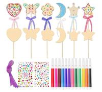 Xetpc 12 Pcs Princess Fairy Wand Set 2 Gemstone Stickers and Ribbons 12 Colour Paint Pen Set Wooden Craft Shapes Handmade DIY Magic Wands Gifts for Girls Birthday Party Supplies
