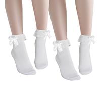 Xetpc 2 Pairs Women Lace Frilly Socks, White Ruffle Ankle Socks, Ballet Sock, Bows Girl School Sock