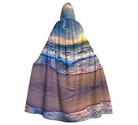 XEUYXF Serene Seaside Sunset Print Hooded Cloak Halloween Carnivals Cosplay | 185cm Cape Robe Costume Parties Holiday Celebrations Men Women Accessory