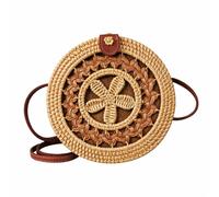 XEVAR Handwoven Round Rattan Bag with Leather Strap - Boho Wicker Straw Crossbody Purse for Women, Gift for Beach & Holidays, Boho Rattan Twist, Standard