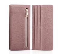 XEYOU Slim Wallet for Women RFID Blocking Long Credit Card Holder Genuine Leather Wallets with Zipper Coin Pocket, Pink, Casual