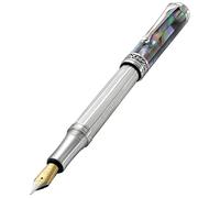 Xezo Maestro Fountain Pen, Fine Nib. Solid 925 Sterling Silver with Black Mother of Pearl Inlay. Platinum Plated Parts. Handcrafted, Limited Edition, Serialized