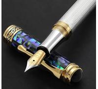 Xezo Maestro Fountain Pen, Fine Nib. Solid 925 Sterling Silver with Blue Pāua Sea Shell and 18 Karat Gold Plating. Handcrafted, Limited Edition, Serialized