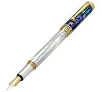 Xezo Maestro Fountain Pen, Medium Nib. Iridescent Oceanic Origin White Mother of Pearl and Pāua Sea Shell. 18 Karat Gold and Pure Platinum Plating. No Two Alike