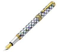 Xezo Maestro Jubilee Fountain Pen, Fine Nib. Checkered Oceanic White Mother of Pearl and Iridescent Pāua Abalone Shell. 18 Karat Gold Layered. Limited Edition, Only 223 Pieces Made. No Two Pens Alike