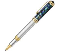 Xezo Maestro Rollerball Pen, Fine Point. Solid 925 Sterling Silver with Blue Pāua Sea Shell and 18 Karat Gold Plating. Handcrafted, Limited Edition, Serialized