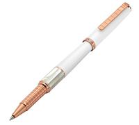 Xezo Speed Master Fine Rollerball Pen. Matte White with White Mother of Pearl. Rose Gold Plated. Lightweight Brass Body. Serialized. Each Unique