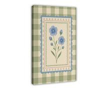 XFATGIA Blue Flower Wall Decor - Cottagecore Checkered Floral Poster Canvas Poster Bedroom Decor Landscape Office Room Decor Gift 12x18inch(30x45cm)
