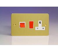 XFB45PW Varilight Ultra Flat Plate Brushed Brass 45A Cooker Switch & 13A Plug Socket White Insert