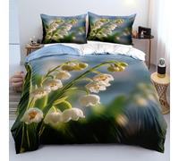 XFDFGW 3D Floral Single King Duvet Cover Set White Lily Of The Valley Flowers Print Bedding Set,Modern Farmhouse Blue Quilt Cover for Girls Women Bedroom Decor, 230x220 cm