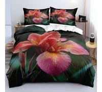 XFDFGW 3D Iris Floral Duvet Cover Set King,Pink Iris Floral Print Garden Style Bedding Set Soft Microfiber Green Quilt Cover for Girl Women Bedroom Decor, 230x220 cm