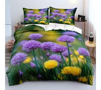 XFDFGW Chic Aesthetic Floral Double Bedding Set Garden Style Purple Yellow Flowers Print Duvet Cover Set for Girl Women Bedroom Decor,Farmhouse Green Quilt Cover 3 Piece, 200x200 cm