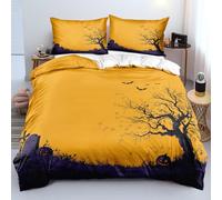 XFDFGW Halloween Bedding Sets for Kids - Black Bat Pumpkin Tombstone Print Duvet Cover Super King with Pillowcases, Yellow Simple Halloween Themed Plant Print Bedspread for Boys Girls
