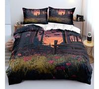 XFDFGW Illustration Style forest King Duvet Cover Set,Dusk Scenery Red Flower Print Bedding Set Jungle Trees Microfiber Quilt Cover for Girl Women Adults Bedroom Decor, 230x220 cm
