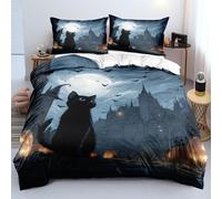 XFDFGW Kids Halloween Duvet Cover Single - Black Cats Castle Bat Pumpkin Pattern Print Bedding Sets for Boys Girls Teens, Blue Gray Exotic Soft Cozy Home Bedspread with Zipper