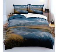 XFDFGW Lake and Mountain Scenery King Duvet Cover Set,Blue Sky Grassland Scene Bedding Set Natural Scenery Quilt Cover for Girl Women Adults Bedroom Decor, 230x220 cm