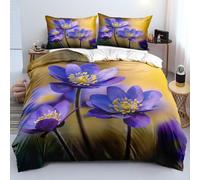 XFDFGW Purple Floral Print Double Duvet Cover Set Garden Style Flower Pattern Bedding Set,Modern Farmhouse Yellwo Quilt Cover for Girl Women Bedroom Decor, 200x200 cm