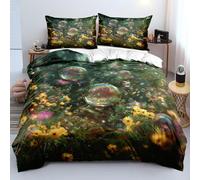 XFDFGW Wild Floral King Duvet Cover Set,Yellow Flower and Colorful Bubbles Print Bedding Set Woodland Scenes Green Quilt Cover for Girl Women Adults Bedroom Decor, 230x220 cm