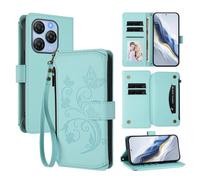 XFDSFDL® Protective Cover for Blackview Shark 9 5G (6.67 Inch) Lanyard PU Leather Case Flower Butterflies Pattern with Stand Zipper Card Slots Wallet Holster Mint Green