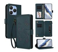 XFDSFDL® Protective Cover for Blackview Shark 9 5G (6.67 Inch) Lanyard PU Leather Case Flower Butterflies Pattern with Stand Zipper Card Slots Wallet Holster Dark Green