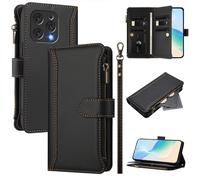 XFDSFDL® Protective Cover for Doogee N55 / N55 Pro (6.56 Inch) PU Leather Lanyard Flip Case with Stand Magnetic Closure Nine Card Slot Wallet Zipper Holster Black