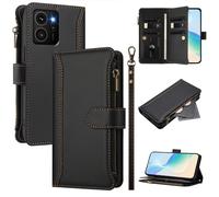 XFDSFDL® Protective Cover for HMD Skyline TA-1600 (6.55 Inch) PU Leather Lanyard Flip Case with Stand Magnetic Closure Nine Card Slot Wallet Zipper Holster Black