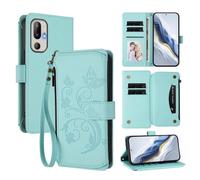 XFDSFDL® Protective Cover for HTC U24 Pro (6.8 Inch) Lanyard PU Leather Case Flower Butterflies Pattern with Stand Zipper Card Slots Wallet Holster Mint Green