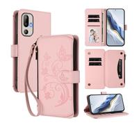XFDSFDL® Protective Cover for HTC U24 Pro (6.8 Inch) Lanyard PU Leather Case Flower Butterflies Pattern with Stand Zipper Card Slots Wallet Holster Pink