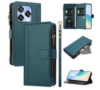 XFDSFDL® Protective Cover for Oukitel C50 (6.8 Inch) PU Leather Lanyard Flip Case with Stand Magnetic Closure Nine Card Slot Wallet Zipper Holster Dark Green