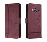 XFDSFDL® Protective Cover for Samsung Galaxy J3 2016 SM-J320 (5.0 Inch) PU Leather Flip Case Smile Retro Pattern with Built Stand Magnetic Closure Wallet Phone Shell Holster Red