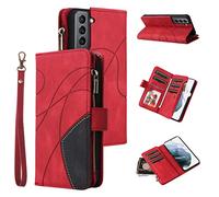 XFDSFDL® Protective Cover for Samsung Galaxy S21 SM-G991 (6.3 Inch) PU Leather Flip Case Stripe Pattern with Stand Magnetic Closure More Card Slot Wallet Zipper Holster Red