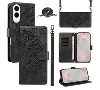 XFDSFDL® Protective Cover for Samsung Galaxy S25 Edge SM-S937 (6.66 Inch) PU Leather Crossbody Bag Mandala Pattern with Stand Embossing Holster Wallet Phone Case Lanyard Purse Black