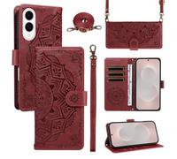 XFDSFDL® Protective Cover for Samsung Galaxy S25 Edge SM-S937 (6.66 Inch) PU Leather Crossbody Bag Mandala Pattern with Stand Embossing Holster Wallet Phone Case Lanyard Purse Red