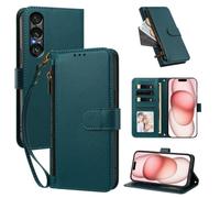XFDSFDL® Protective Cover for Sony Xperia 1 VII XQ-FS54 (6.5 Inch) PU Leather Case Wireless Charging Zipper Wallet Holster with Stand Magnetic Closure Lanyard Purse Dark Green