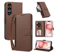 XFDSFDL® Protective Cover for Sony Xperia 1 VII XQ-FS54 (6.5 Inch) PU Leather Case Wireless Charging Zipper Wallet Holster with Stand Magnetic Closure Lanyard Purse Brown