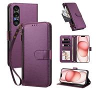 XFDSFDL® Protective Cover for Sony Xperia 1 VII XQ-FS54 (6.5 Inch) PU Leather Case Wireless Charging Zipper Wallet Holster with Stand Magnetic Closure Lanyard Purse Purple
