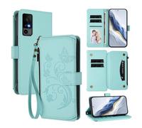 XFDSFDL® Protective Cover for TCL 40R T771K (6.6 Inch) Lanyard PU Leather Case Flower Butterflies Pattern with Stand Zipper Card Slots Wallet Holster Mint Green