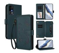XFDSFDL® Protective Cover for TCL 40R T771K (6.6 Inch) Lanyard PU Leather Case Flower Butterflies Pattern with Stand Zipper Card Slots Wallet Holster Dark Green