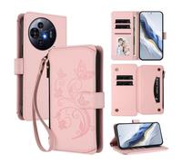 XFDSFDL® Protective Cover for TCL 50 Nxtpaper / 50 Pro Nxtpaper (6.8 Inch) Lanyard PU Leather Case Flower Butterflies Pattern with Stand Zipper Card Slots Wallet Holster Pink