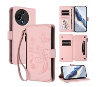 XFDSFDL® Protective Cover for TCL 60 SE Nxtpaper (6.7 Inch) Lanyard PU Leather Case Flower Butterflies Pattern with Stand Zipper Card Slots Wallet Holster Pink