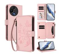 XFDSFDL® Protective Cover for TCL 605/60 SE (6.7 Inch) Lanyard PU Leather Case Flower Butterflies Pattern with Stand Zipper Card Slots Wallet Holster Pink