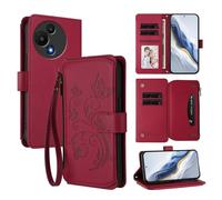 XFDSFDL® Protective Cover for TCL 605/60 SE (6.7 Inch) Lanyard PU Leather Case Flower Butterflies Pattern with Stand Zipper Card Slots Wallet Holster Red