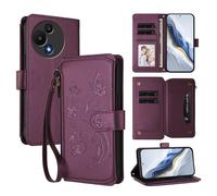 XFDSFDL® Protective Cover for TCL 605/60 SE (6.7 Inch) Lanyard PU Leather Case Flower Butterflies Pattern with Stand Zipper Card Slots Wallet Holster Purple