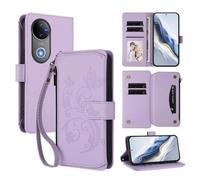 XFDSFDL® Protective Cover for Vivo V50/ V50e V2427 (6.77 Inch) Lanyard PU Leather Case Flower Butterflies Pattern with Stand Zipper Card Slots Wallet Holster Lavender