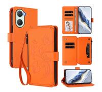 XFDSFDL® Protective Cover for Vivo Y03/ Y18/ Y18s V2332 (6.56 Inch) Lanyard PU Leather Case Flower Butterflies Pattern with Stand Zipper Card Slots Wallet Holster Orange