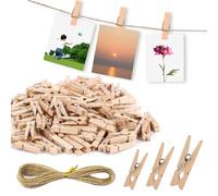 XFentech 150 PCS Mini Wooden Pegs - 25/30/35 mm Mini Clothes Pegs Natural Decorative Clips DIY Wood Clips with 10m Jute String DIY for Postcards, Collages, Crafts, Photo Wall Display