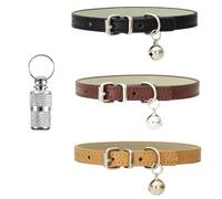XFentech 3 Pack PU Cat Collars with Bell Polished Durable Metal Buckle Soft and Adjustable for Cats Puppy Small Medium Dogs, Khaki, Brown, Black