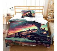 XFKLYNVCJ Steam Train 3D Printed Comforter Cover Set Duvet Cover Bedding Set for Kids Teens Boys Room Decor Microfiber Quilt Cover 3 Pcs with Pillow Case Hidden Zipper Single（135x200cm）