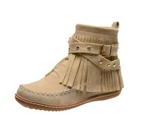XFKOHBE Women's Snow Boots, Casual Fringe Faux Suede Wide Round Toe Ankle Boots Non Slip Boot Tassel Vintage Short Booties Side Zip Flat Fall Winter Boots